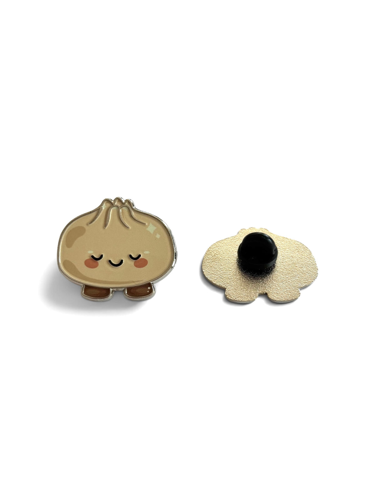 A cute kind dumpling-shaped enamel pin with a smiling face, shown next to its back with a black pin backing on a white background.