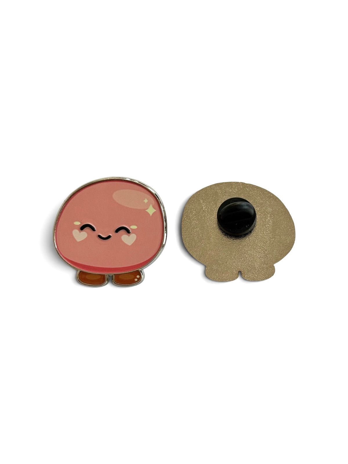 A cute gentle mochi enamel pin  character with a smiling face and small brown feet, shown next to its backing with a black pin cover on a white background.