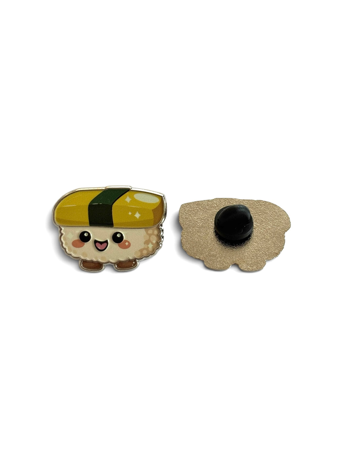 A cute sunny egg maki wrap sushi enamel pin shown from both the front and back. The front features a smiling sushi character with a yellow top, green band, and beige rice body.
Copyright © Cute Bites® All rights reserved.