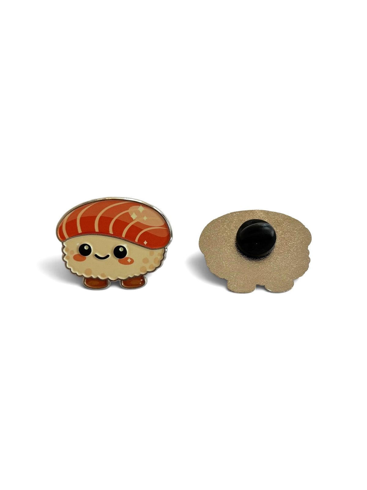 A cute, sweet sushi enamel pin shown from the front and back on a white background. The front features a smiling sushi character with salmon, beige rice, and small brown feet.